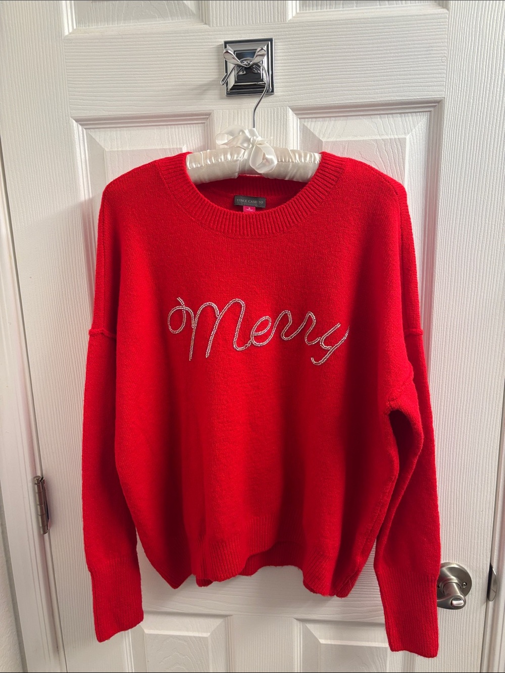Women's VINCE CAMUTO Merry Embroidered Red Holiday Sweater- Size Small Ho ho!